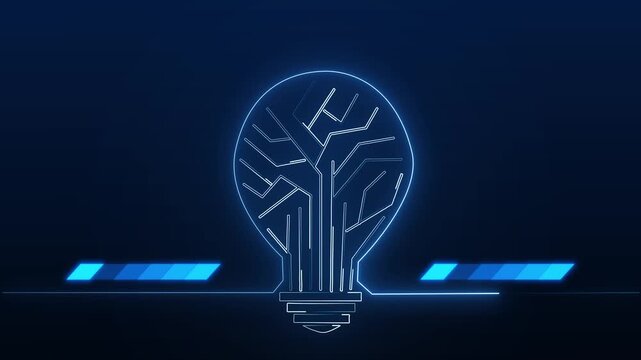 Glowing neon circuit lightbulb representing digital ideas and innovation on a dark background