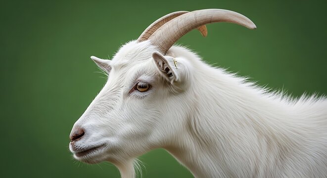 Side profile of a white goat with curved horns, against a blurred green background