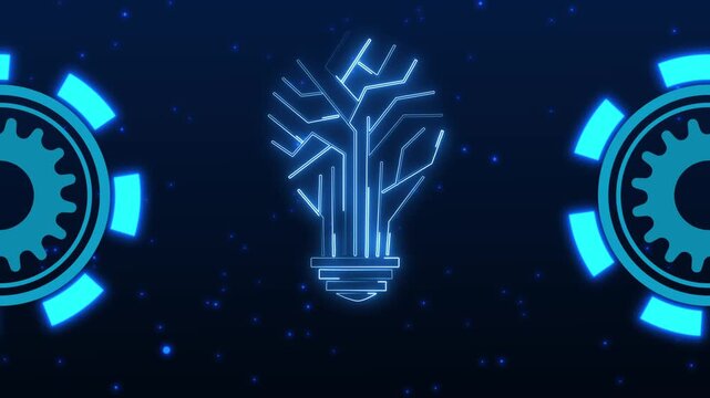 Central light bulb with circuit pattern between two glowing blue gears on a starry dark background