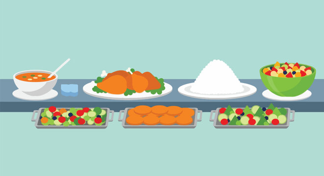 Buffet Food Lineup Chicken Salad Rice Soup  Fruit for Catering.