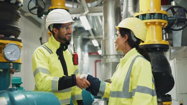 Team Celebrates Successful Pipeline Inspection.A team of engineers in hard hats celebrates with a handshake after completing a critical pipeline and condenser system inspection.