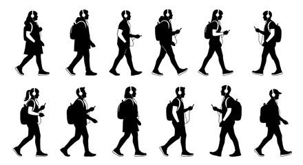 Fototapeta premium Silhouettes of people walking with luggage.