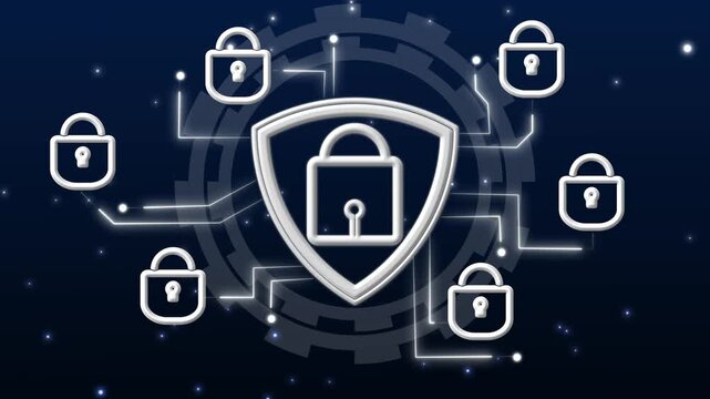 Cybersecurity network illustration with central shield padlock surrounded by connected lock icons