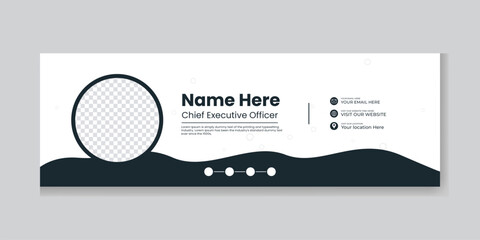 Minimalist white email signature with dark blue wave pattern and circular photo frame for chief executive officer professional branding featuring clean typography and round contact icons. © Hasan 