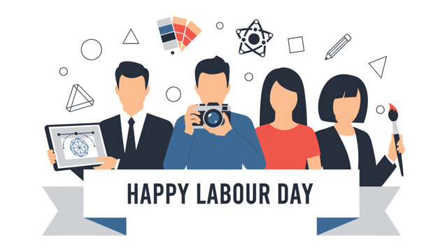Happy Labour Day: A diverse group of people celebrating labor day with digital art. Representing various professions.