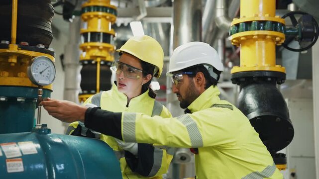 Industrial Team Examines Cooling Pipeline Reports. A team in hard hats examines formal reports on cooling pipeline and chiller system inspections for management approval.