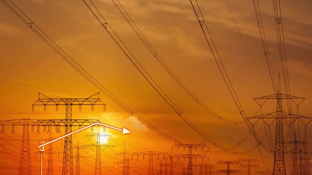 animated rising pricing curve on a power lines grid landscape with sunset time-laps, symbolic concept with copy space for energy crisis