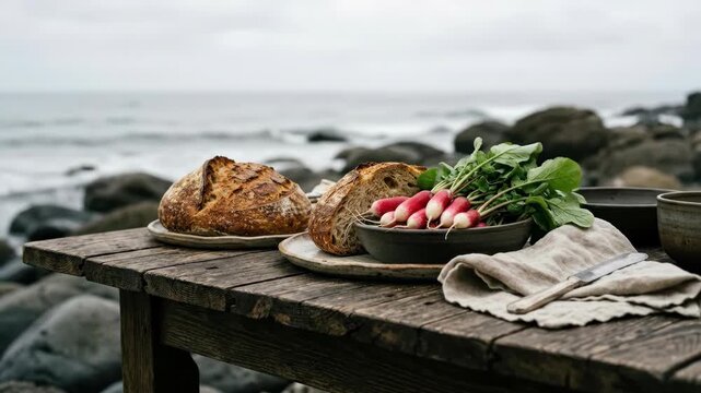 a distinct secondary angle revealing the rustic wooden table from a low angle, showcasing the beautifully arranged sourdough bread and the vibrant radishes, with smooth