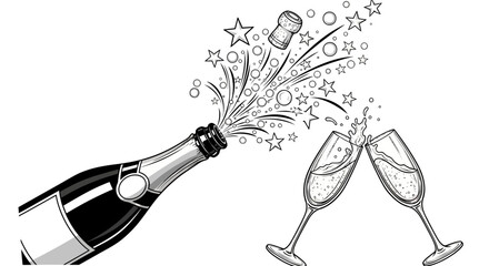 Champagne bottle opening with popping cork and exploding bubbles, two elegant glasses toasting, depicted in a detailed black and white illustration on an isolated white background. © Desi