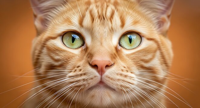 Close-up of a domestic cat's face with bright green eyes and orange tabby fur