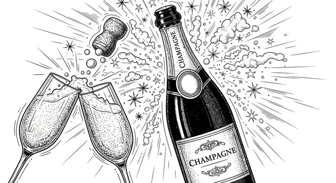 Champagne bottle exploding with cork and bubbles, two glasses toasting in celebration, in a detailed black and white illustration on an isolated white background.