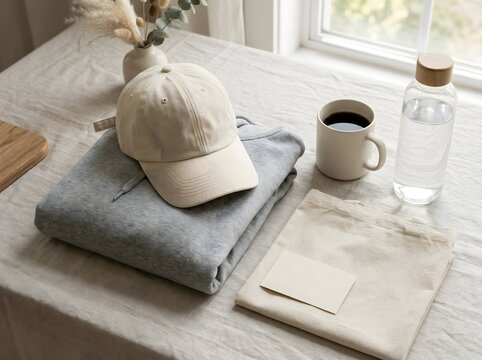 Casual clothing coffee and water on a light colored surface