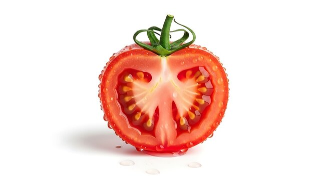 A fresh, halved tomato, showing inner structure, with water droplets, on white background