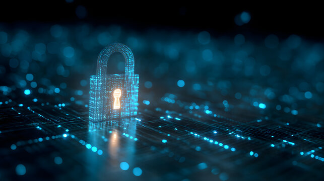Digital glowing padlock on circuit board background for cyber security concept