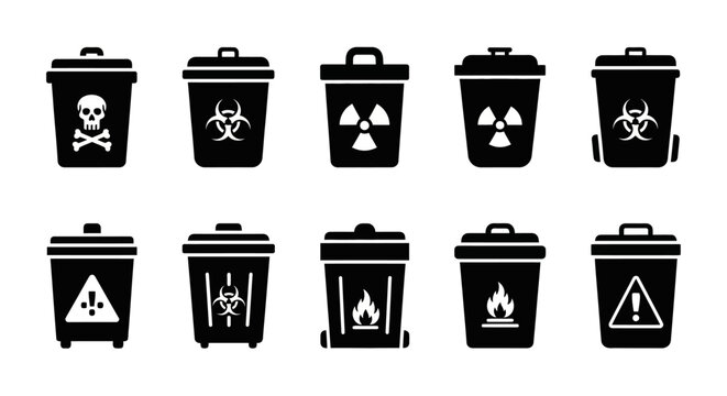 Hazardous waste icons, toxic trash cans, biohazard symbols, warning signs, 10 vector graphics