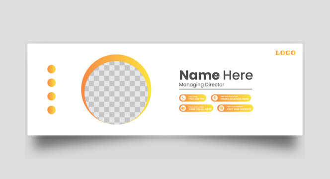 Gradient colored email signature template with round profile picture placeholder name title contact details and logo for business communication.