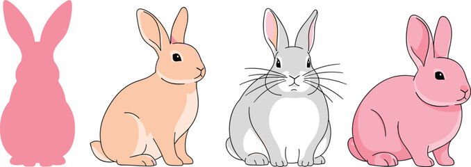 Fototapeta premium Cute Rabbit Vector Set Featuring Pink, Grey, and Natural Bunnies, Perfect for Animal, Easter, and Pet Themes in Digital Designs