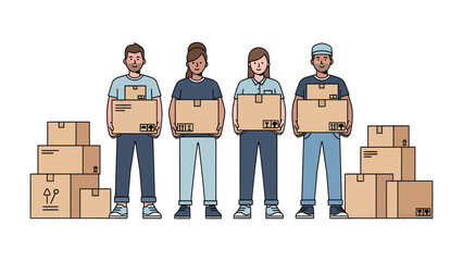 Moving Team: A diverse team of delivery personnel stands confidently amidst a stack of cardboard boxes, symbolizing the seamless transition of goods and services. © Nusaybah