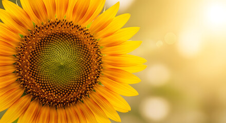 Fototapeta premium Large sunflower head filling frame with golden petals and green center in morning light.