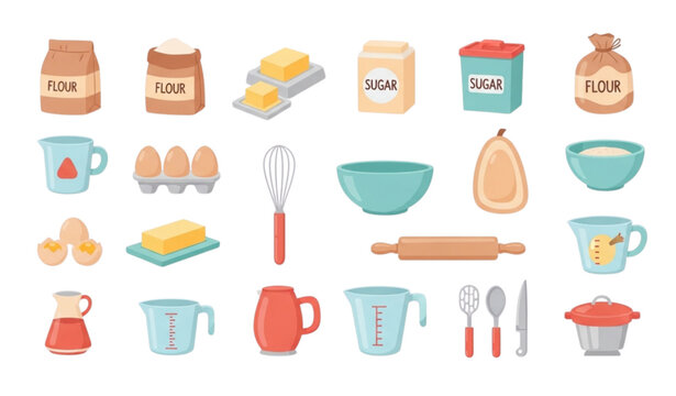 Cartoon kitchen baking vector set with ingredients utensils and tools including flour sugar butter eggs and mixing equipment in cute flat style isolated on white background
