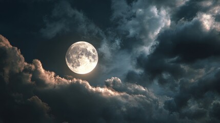 Obraz premium Majestic Full Moon Illuminating a Cloudy Night Sky with Cinematic Lighting Effects