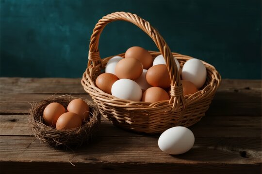 Basket of brown and white eggs on wooden table with nest and single egg nearby