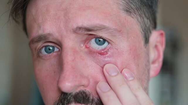 A man in his 30s with light skin examines his eye showing signs of chalazion. He observes the inflammation and discomfort caused by the condition in close-up moments