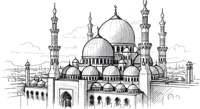 A detailed black and white line drawing of a majestic mosque featuring multiple domes and minarets