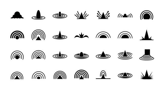 Black mountain, volcano, rainbow icons set, 25 vector graphics, minimalist design elements