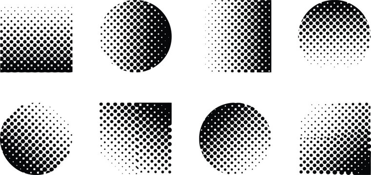 Eight abstract halftone dot patterns within squares and circles on a white background graphic