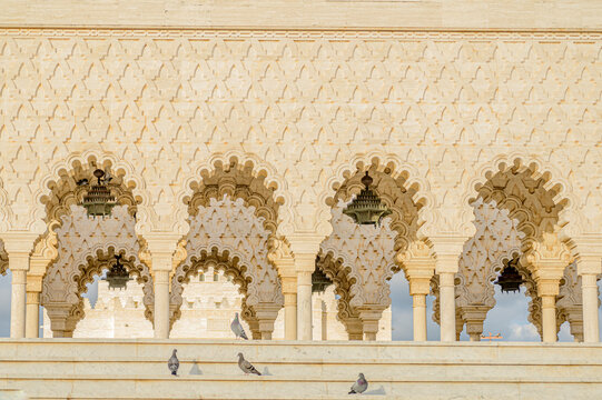 The Western pavillon of the Mohammed V mausoleum made out of marble closeup