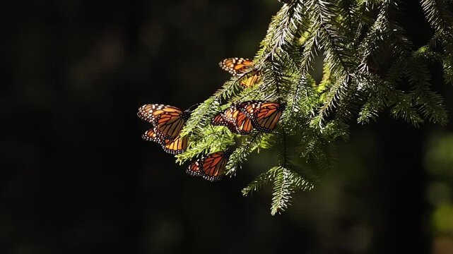 Close-up of several monarch butterflies in Mexico resting on sunlit plants at sunset, gently moving from flower to flower. Their wings touch as they interact, flutter, and share the warm golden air.