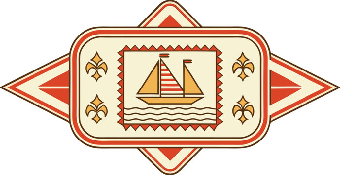 Vintage red and gold monaco holiday badge with crown and waves
