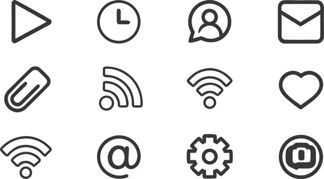 Set of twelve web and communication featuring wi-fi, heart, and settings symbols
