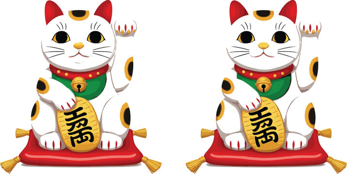Maneki neko lucky cat figurine set Japanese fortune charm waving cat vector illustration traditional symbol collection