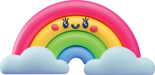 Naklejka premium A 3D children's character, a bright rainbow on clouds, with a smiling face.