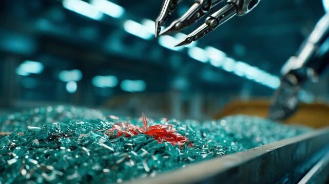 Factory Claw and Broken Glass: A robotic claw carefully picks a shard of glass from a bin filled with fragments, highlighting the process. The image is a visual story of industry