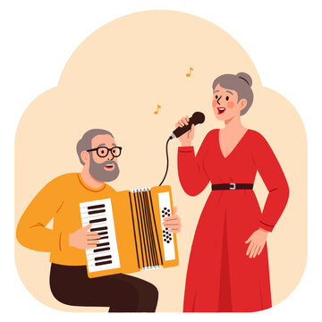 Elderly man playing accordion while woman singing in casual setting. Elderly set