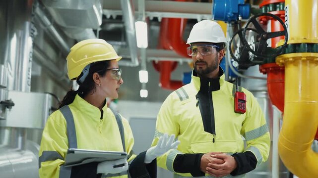 Technician and Engineer Discuss Ventilation System Data. A technician and engineer discuss ventilation system inspection findings and compile reports for facility management review.