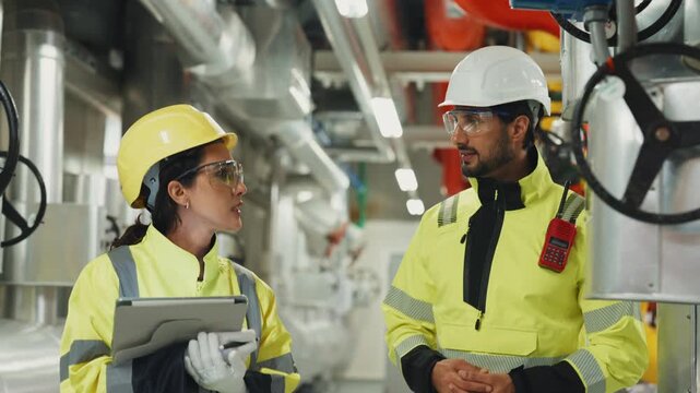 HVAC Inspector Reviews Compressor Efficiency Reports.A Hispanic inspector compiles detailed reports on compressor and pipeline efficiency for management review in an industrial facility.