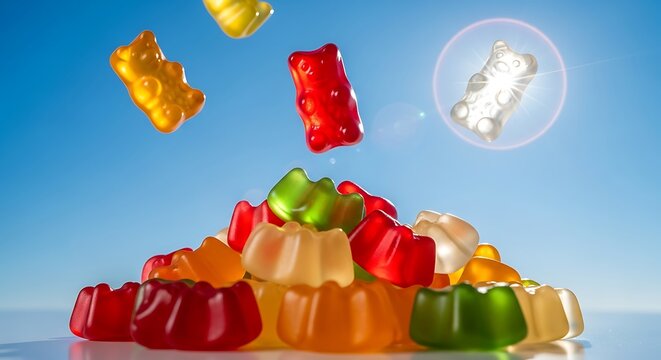 Colorful gummy candies flying above donut with bright blue background