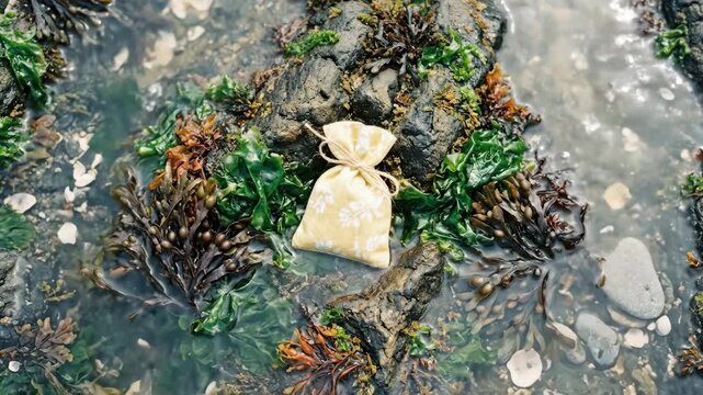 an overhead perspective of the sachet on the tidal rocks, surrounded by vibrant seaweed. this unique angle highlights the rich textures of the rocks and the complimentary