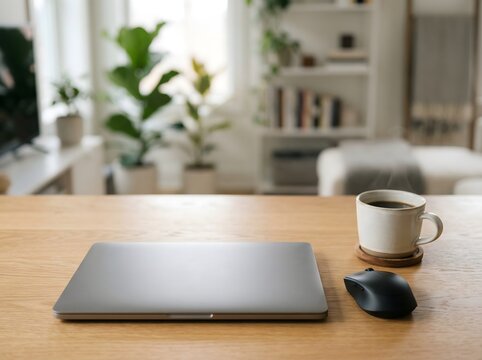 A modern workspace featuring a laptop coffee and indoor plants