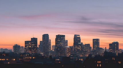 Fototapeta premium Expansive view of a modern metropolitan skyline bathed in the soft vibrant light of dawn or twilight