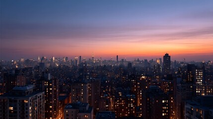 Obraz premium A breathtaking panoramic view of a large metropolis skyline illuminated by the soft colors of the rising sun