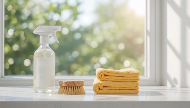 Eco-friendly cleaning supplies set: a clear spray bottle, a wooden scrub brush, and a stack of yellow microfiber cloths on a bright windowsill with a soft garden bokeh background.