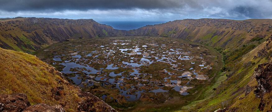 The Ranu Kau volcano on Easter Island in the Pacific Ocean