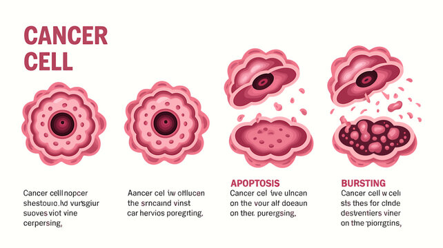 Cancer cell stages illustration including apoptosis and bursting process