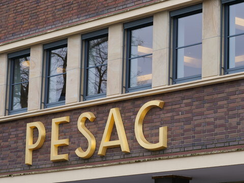 Germany, Paderborn, April 13. 2026, PESAG, with its gold lettering, stood for Paderborner Elektrizit&auml;tswerke und Stra&szlig;enbahn AG, an energy and public transportation company