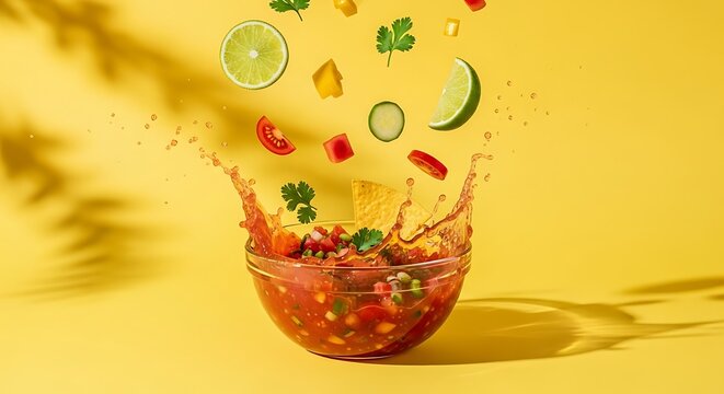 Salsa bursting from a bowl, surrounded by floating ingredients on a yellow background